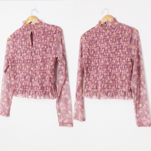 NEW Lulu's Sophisticated Blossom Mauve Pink Floral Mesh Smocked Mock Neck Top XL - Picture 1 of 15